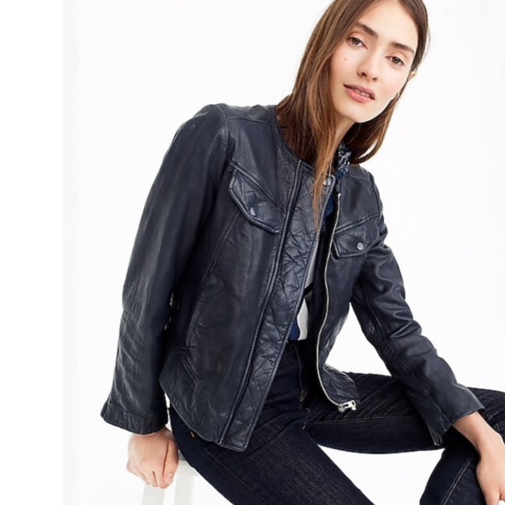 JCrew Collarless washed leather jacket navy small